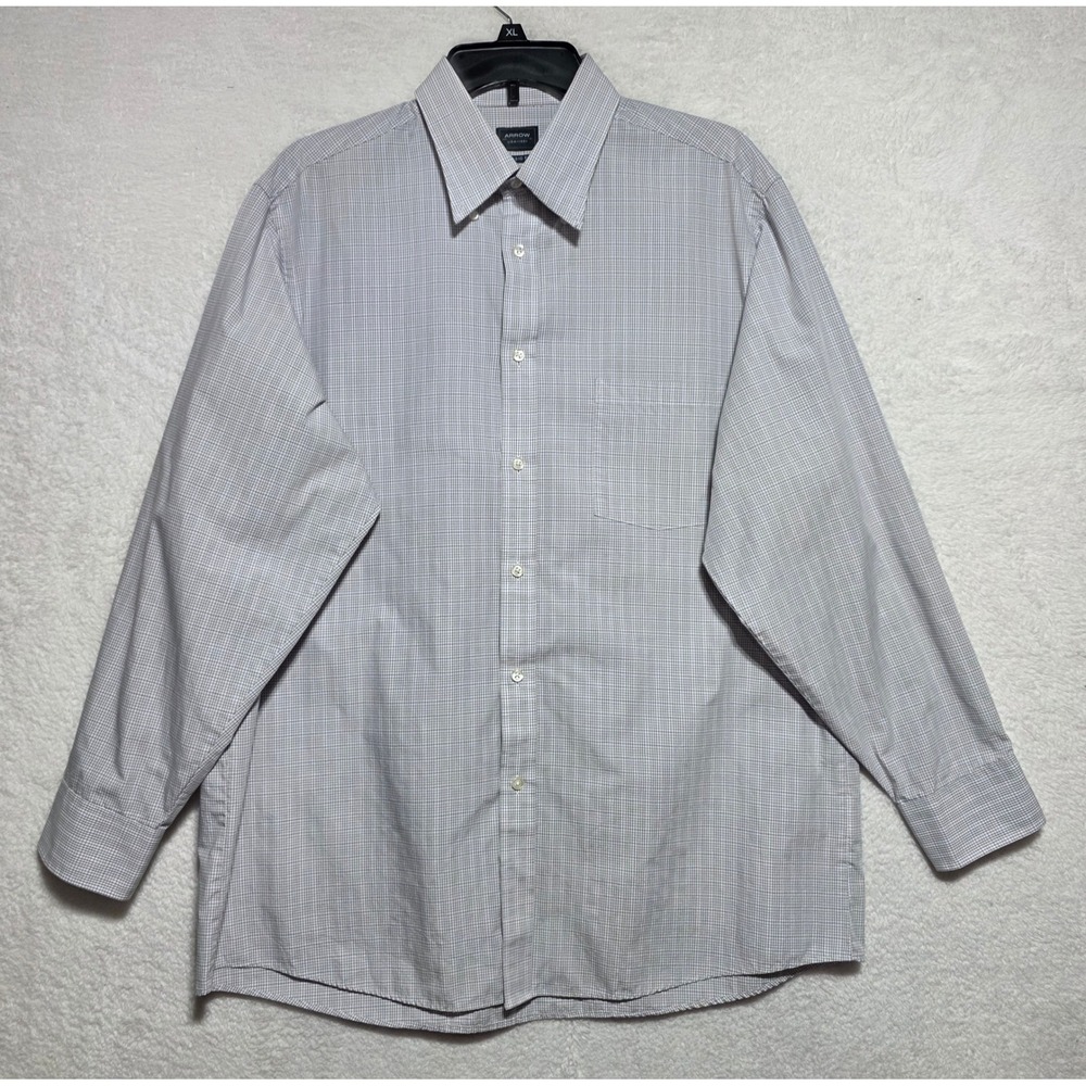 Arrow Classic Fit Dress Shirt Men's Large 16-16.5 Grey Plaid Wrinkle Free L Long